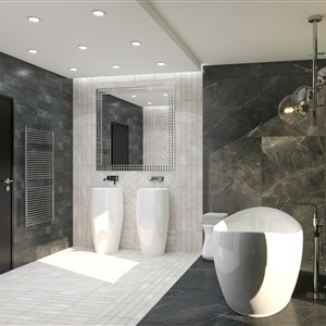Modern Black-and-Beige Marble Bathroom_02