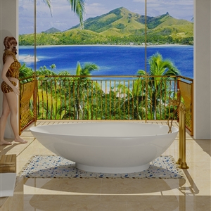 Tropic, travertine stone, bronze